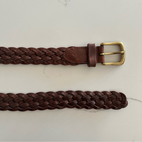 Vintage Braided Leather Belt with Rounded Square Brass Tone Buckle Dark Brown XL